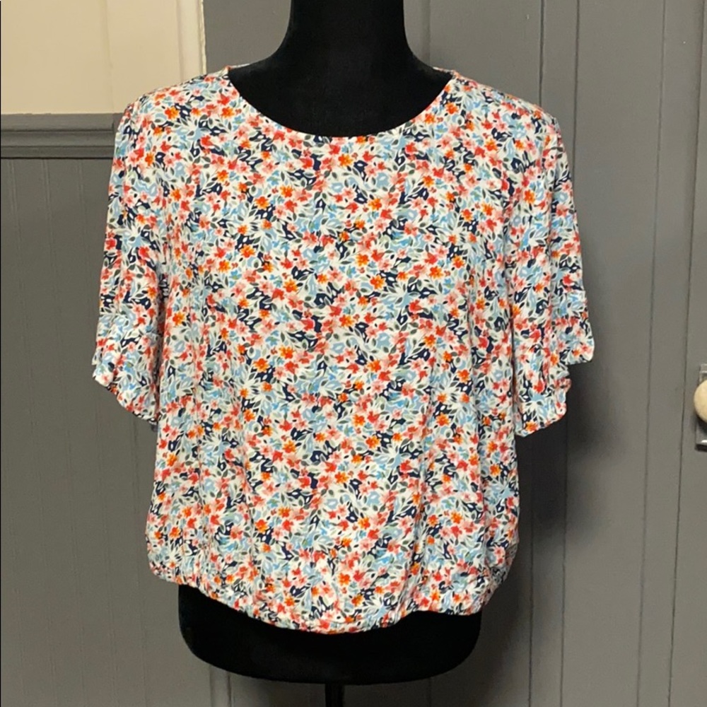 LOFT Floral Print Bell Sleeve Cropped Blouse